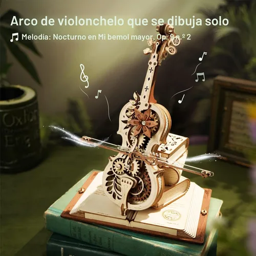 Vista 2 de ROKR Rompecabezas 3D para adultos, a escala 1:5, kit de modelo de violonchelo con base, 199 piezas, caja de música de madera, kit de construcción