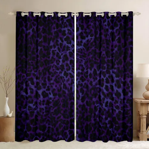 Vista 23 de Feelyou Purple Leopard Print Blackout Curtains Black Wild Safari Darkening Drapes for Bedroom Living Room Decor Cheetah Fur Wildlife Thermal