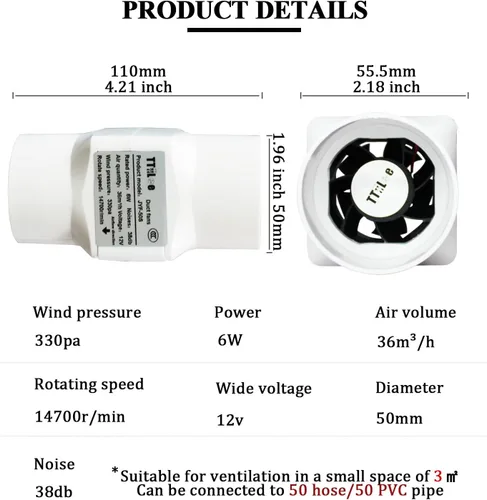 Vista 3 de Ventilador de conducto en línea de 2 pulgadas y 12 V para tienda de cultivo, ventilador de ventilación de 1.969 in y 6 W, ventiladores de escape