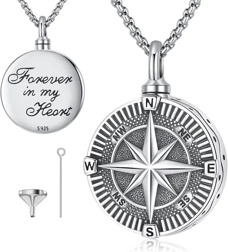 Vista 29 de Collar de Brújula para Hombres y Mujeres de Plata de Ley 925 con Colgante de Urna para Cenizas, Colgante de Medallón con Foto, Collar de Ancla