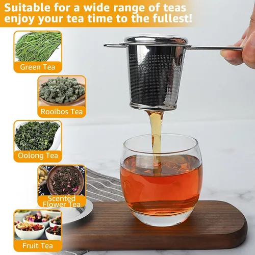Vista 5 de 4 coladores de té con tapa, cesta infusora de té de acero inoxidable 304 para té suelto, difusor de té de malla extrafina, filtro de té de mango