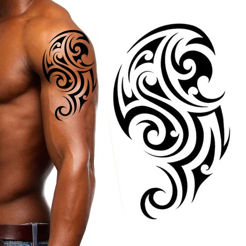 Vista 6 de Paquete de 4 adhesivos negros temporales para tatuajes tribales maui para brazos, hombro, azteca, polinesio, samoano, hawaiano, para hombres