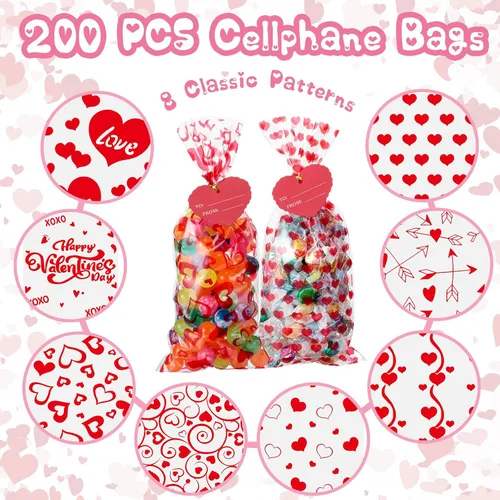 Vista 3 de Skyygemm 200 bolsas de celofán de San Valentín, bolsa de regalo de San Valentín, bolsas de regalo de San Valentín, bolsas rojas de plástico