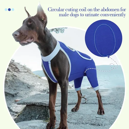 Vista 5 de ROZKITCH Manga de pierna para cirugía para perros, piernas traseras, macho y hembra para evitar lamer heridas, codo, rodillera, traje de Azul