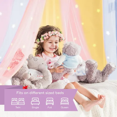 Vista 4 de Bollepo Toldo de cama de arcoíris y LED para niñas con estrellas brillantes – Decoración de habitación de red de cuna de princesa Cortinas de cama