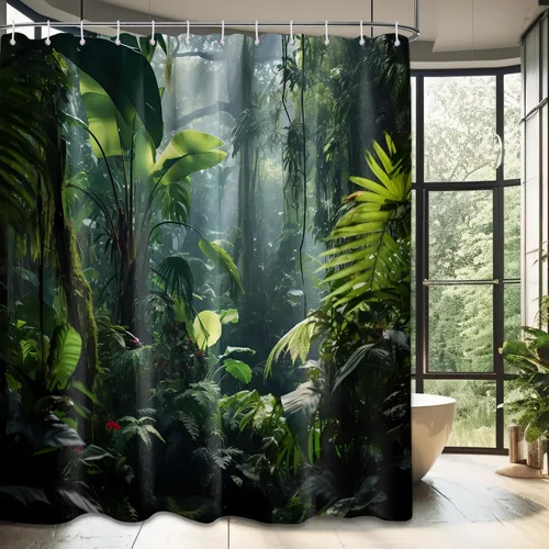 Vista 13 de Cortina de ducha verde de selva naturaleza bosque selva tropical paisaje planta tropical decoración de baño, tela impermeable con ganchos, 36x72