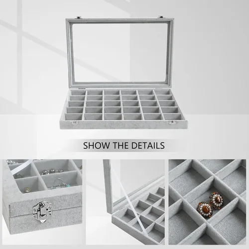 Vista 3 de Wudygirl Organizador de joyas de terciopelo con 30 rejillas, caja de joyas, bandeja de joyería con tapa transparente, estuche de almacenamiento