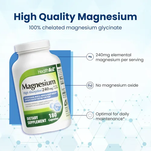 Vista 6 de HealthA2Z® Glicinato de magnesio 240 mg - 180 cápsulas, apoya la energía diurna, sueño reparador nocturno, alivio del estrés, equilibrio del estado