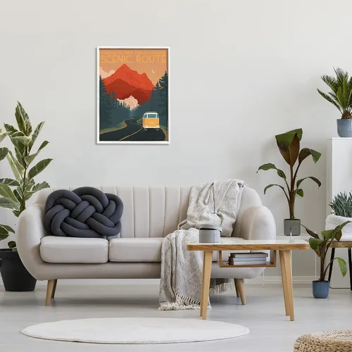 Vista 3 de Stupell Industries Take The Scenic Route Phrase Retro Mountain Travel, diseñado por Janelle Penner - Arte de pared enmarcado en blanco, 24 x 30