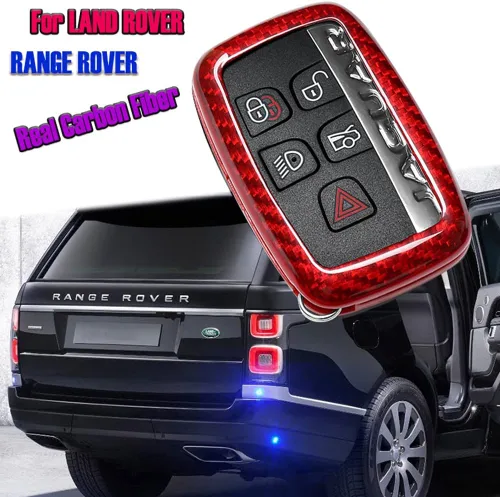 Vista 2 de Carcasa para llave de coche, color rojo con acabado de fibra de carbono, compatible con Range Rover Evoque Velar Discovery LR4 Land Rover