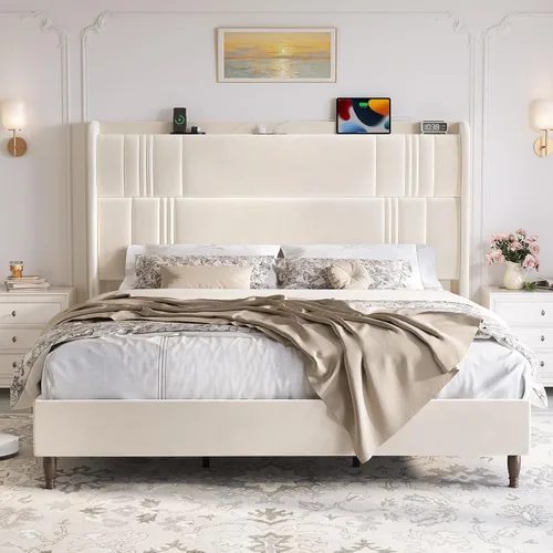 Vista 14 de Base de cama tamaño Queen con cabecera alta, plataforma tapizada de 52 pulgadas con estación de carga, marco de cama de terciopelo de lujo, cabecera