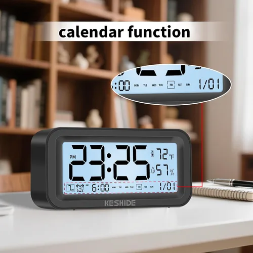 Vista 5 de Reloj despertador digital con luz nocturna, funciona con pilas, con temperatura interior y humedad, reloj pequeño de escritorio, modelo con función