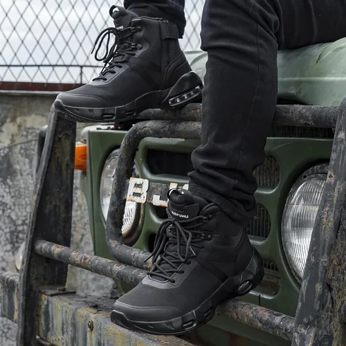 Vista 6 de Botas tácticas militares para hombre, impermeables, de 6 pulgadas, ligeras, duraderas, con cremallera lateral, botas de combate para trabajo