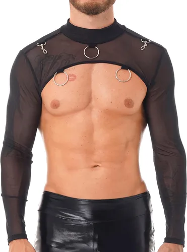 Vista 3 de YiZYiF Traje de malla para hombre, manga larga, media chaqueta, mangas huecas, bolero, motocicleta, punk