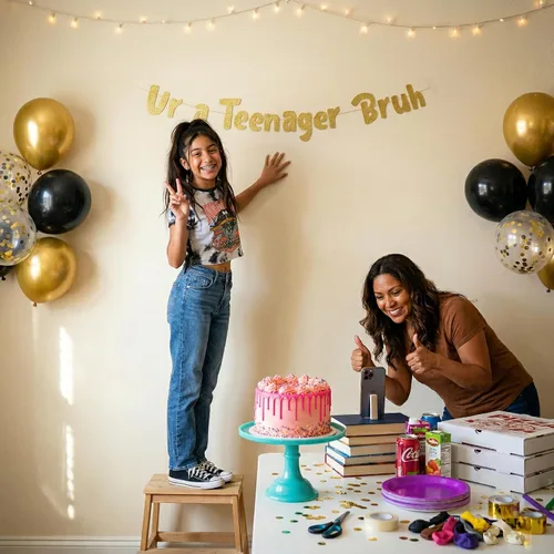 Vista 9 de Sterling James Co. Cartel de Ur a Teenager Bruh con purpurina dorada preencordada – Divertidas decoraciones de cumpleaños de 13 años