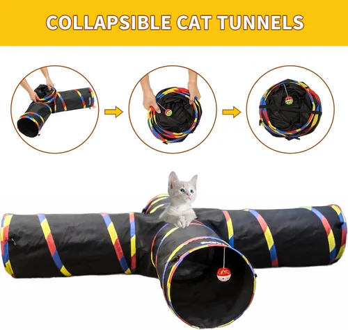 Vista 5 de Túneles grandes de 4 vías para gatos de interior, juguete de túnel de juego de 10 pulgadas de diámetro y 47 pulgadas de largo, tubo para gatos