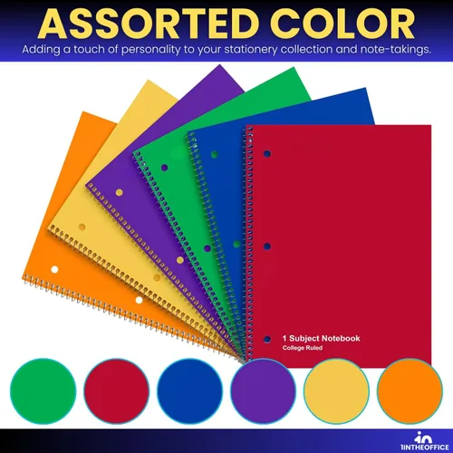 Vista 5 de 1InTheOffice Cuaderno de espiral de 1 materia, cuaderno espiral con rayas universitarias, 8 x 10.5 pulgadas, colores surtidos, 70 hojas, 6