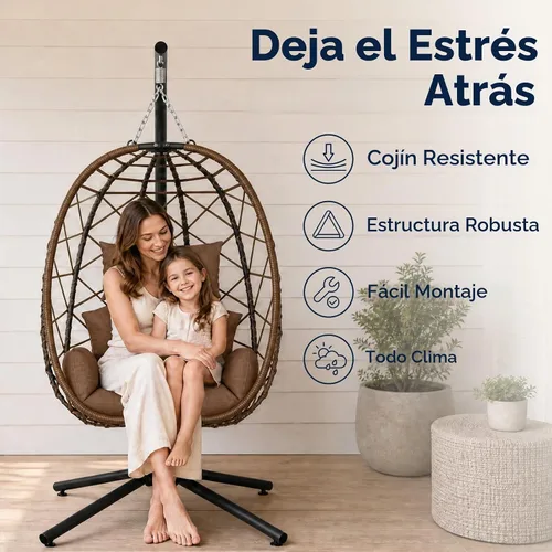 Vista 3 de SWITTE Silla colgante con soporte para exteriores, columpio de mimbre para Marrón