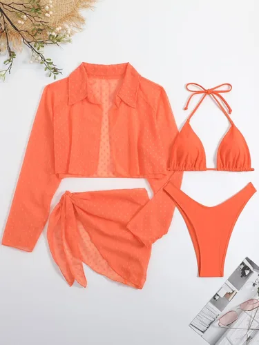 Vista 5 de WDIRARA Traje de baño de 4 piezas para mujer con lunares suizos y triángulo, con salida de baño y kimono