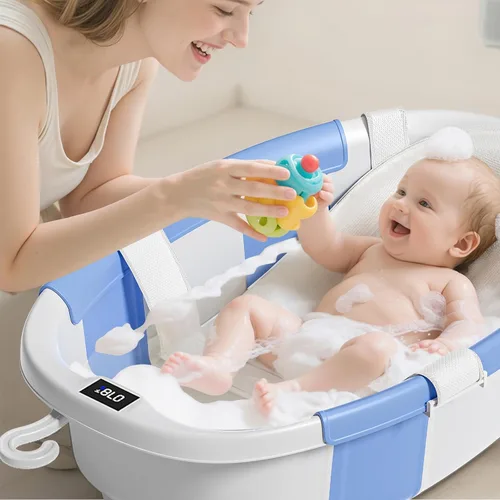 Vista 2 de Bañera plegable para bebés, bañeras para bebés recién nacidos con cojín suave y termómetro y bolsa de malla organizadora de juguetes, bañera