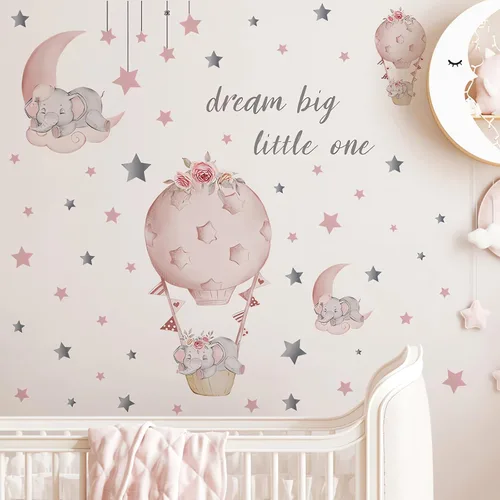 Vista 3 de Adhesivo de pared grande con diseño de elefante y elefante rosa durmiendo, sacinora Moon and Stars, vinilo extraíble para niños, guardería