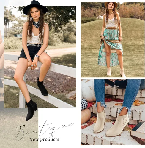 Vista 5 de TINSTREE Botines occidentales para mujer, puntera puntiaguda, tacón medio, estilo Chelsea con cremallera lateral, elástico