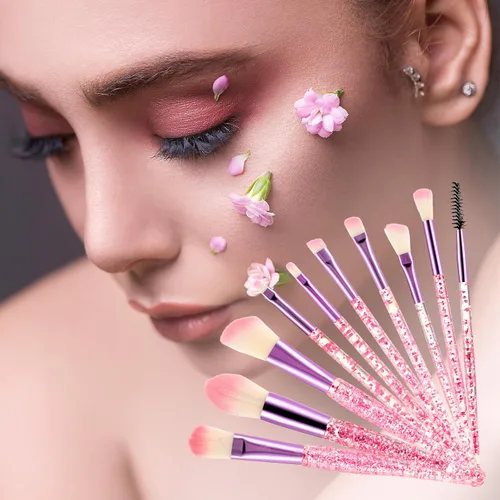 Vista 7 de WLLHYF Juego de 10 brochas de maquillaje de cristal con brillantina, corrector de base profesional, delineador de ojos, delineador de ojos, rubor