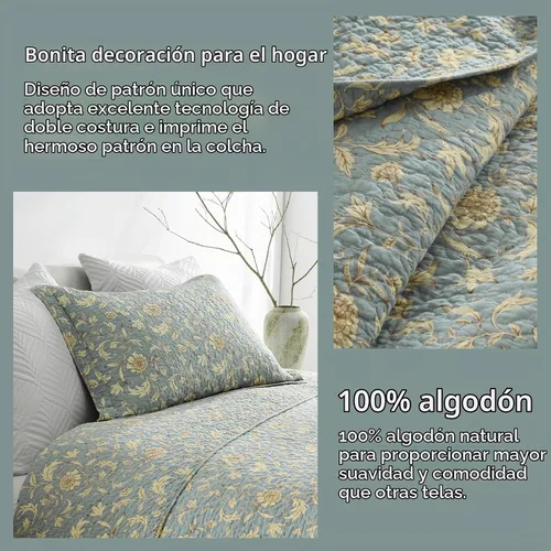 Vista 4 de Finlonte Juego de edredón de tamaño Queen 100% algodón, ligero, suave, vintage, con estampado botánico, acolchado, azul, floral, reversible, juego