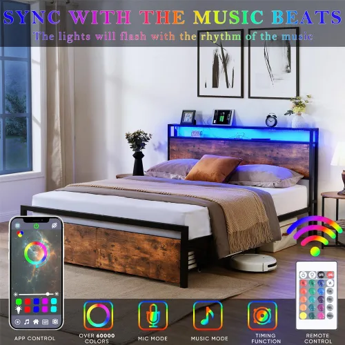 Vista 4 de Base de cama de tamaño matrimonial con cajones de almacenamiento y 3 puertos USB, base de cama LED matrimonial con cabecero, plataforma de metal sin