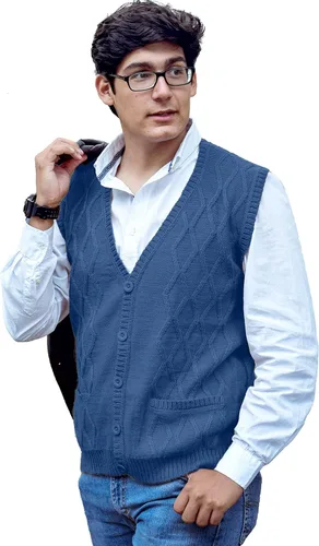 Vista 7 de TINKUY Chaleco peruano de lana de alpaca con cuello en V para hombre, S-4XL Negro