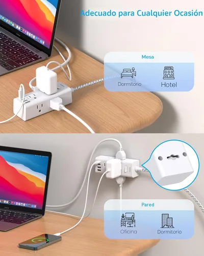 Vista 5 de One Beat Cable de extensión corto de 1 pie, regleta de alimentación de enchufe plano, protector de sobretensiones – 6 salidas amplias con 4 puertos