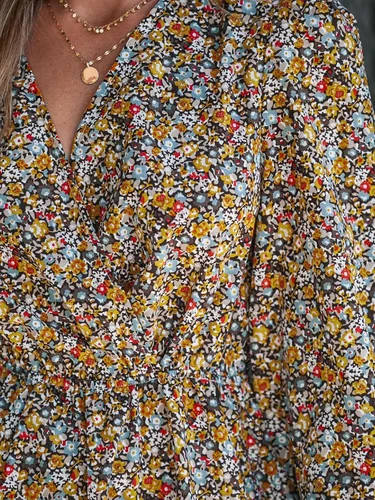 Vista 6 de CUPSHE Mini vestido floral con cuello en V para mujer, manga larga, línea A