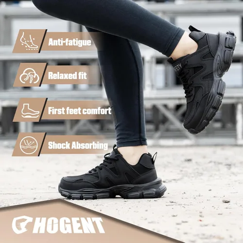 Vista 6 de Hogent - Zapatos de puntera de acero para mujer y hombre, anchos, antideslizantes, de trabajo, tenis de punta compuesta, indestructibles, cómodos