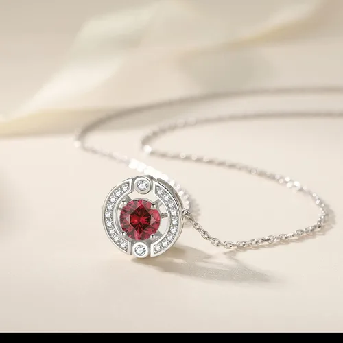 Vista 2 de Collar con halo de piedra natal para mujer plata de ley chapado en platino piedras preciosas brillantes corte redondo colgante de solitario collares