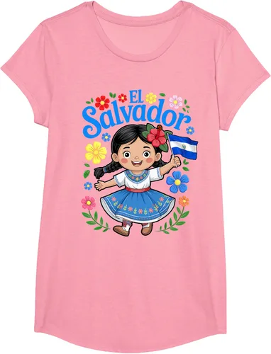 Vista 32 de Camiseta de estilo tradicional floral para niña con la bandera de El Salvador
