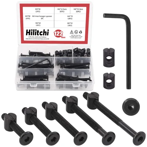 Vista 8 de Hilitchi M6 - Juego surtido de 120 tornillos de cabeza hexagonal negra, tuercas de barril para cuna, cama de bebé, muebles, cunas y sillas