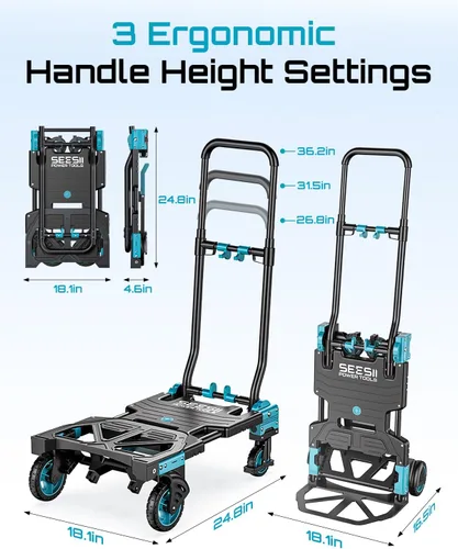Vista 3 de SEESII Camión de mano plegable 2 en 1, carrito de 330 libras 4/2 con ruedas Azul