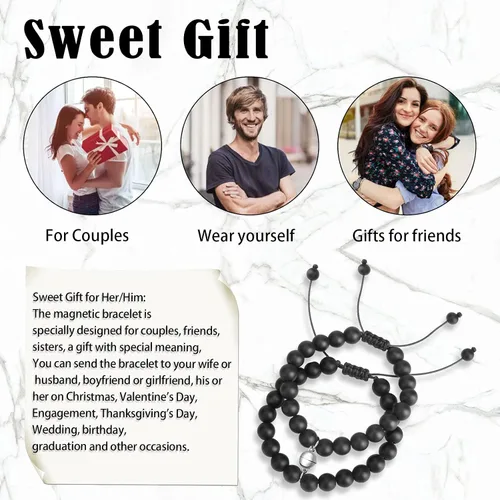 Vista 4 de Reaowazo Juego de pulseras magnéticas a juego para parejas, atracción mutua, cuentas de piedra natural, regalos de joyería para novio, mujeres