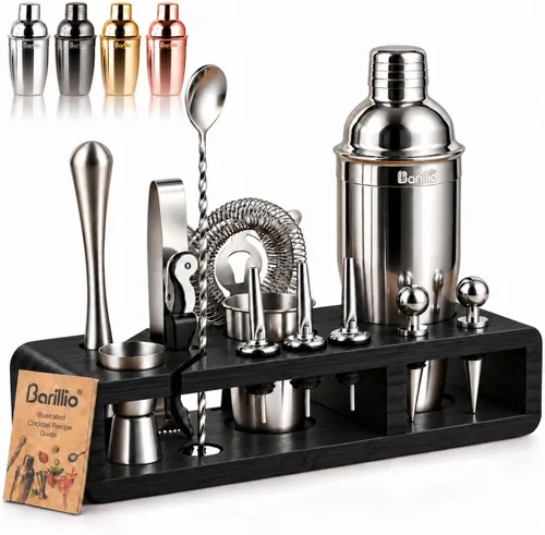 Vista 9 de Barillio Black Bartender Kit – Juego de coctelera de acero inoxidable con soporte de bambú – Herramientas de barra de mixología con coctelera