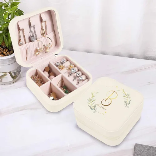 Vista 6 de Artsadd Organizador de joyas pequeño de cuero personalizado para mujeres y niñas, joyero de viaje con hojas doradas, caja de joyería con nombre