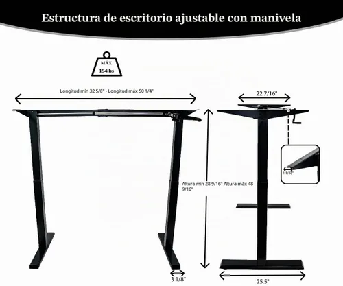 Vista 3 de Marco de escritorio con manivela ajustable, mesa no incluida, altura máxima de 48.56 pulgadas, color negro