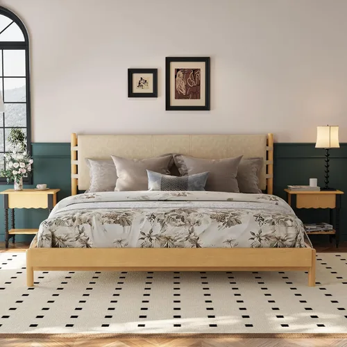 Vista 12 de Merax Moderno juego de base de cama Queen con 2 mesitas de noche, cama de plataforma de madera beige con cabecero y mesitas de noche a juego