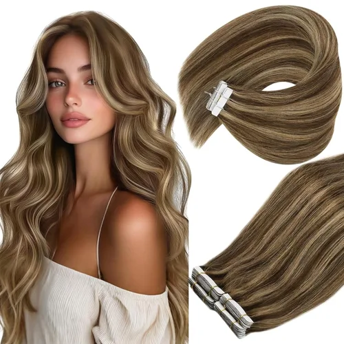 Vista 20 de Ve Sunny Extensiones de cabello humano real con cinta, cabello humano Remy, lacio, doble cara, color marrón oscuro, balayage, rubio dorado oscuro