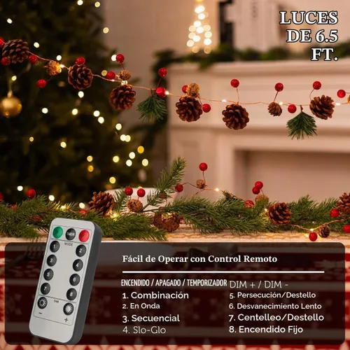 Vista 5 de Guirnalda de Navidad con luces, 6.7 pies, 20 luces LED de piña, funciona con pilas, guirnalda de Navidad con bayas rojas, guirnalda de luces