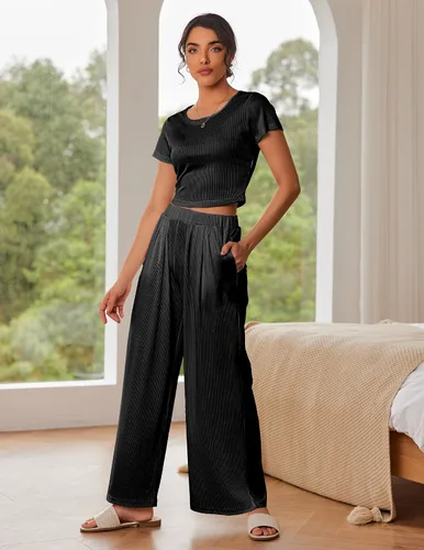 Vista 2 de Ekouaer Conjunto de pijama de 2 piezas para mujer, de manga corta, de punto acanalado, pantalones de pierna ancha, tallas S-XXL