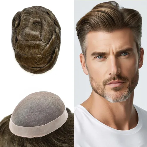Vista 31 de Fine Mono Men Hair System Mens Toupee Real Human Hair Pieces For Men's Toupee Hair System For Men Hair Piece Natural Hairline 6X8 densidad de luz