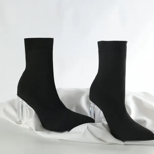 Vista 3 de Shoe'N Tale - Botas de tobillo con calcetín de punto para mujer, con punta, tacón medio transparente, fáciles de poner, botines elásticos