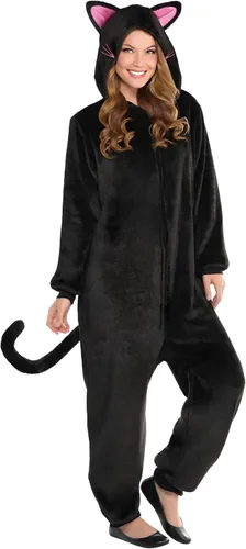 Vista 4 de Disfraz de gato negro con cremallera para adultos, talla S / M (paquete de 1), elegante, cómodo y espeluznante, disfraz de poliéster de alta