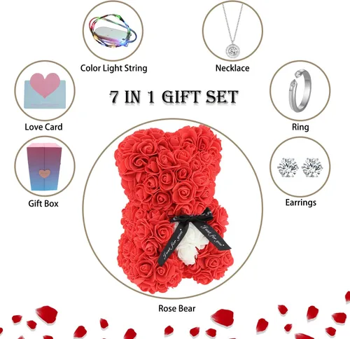Vista 2 de Juego de caja de regalo con diseño de oso de rosas, diseño de oso de rosas, para novia, mujer, esposa, aniversario, Navidad, San Valentín