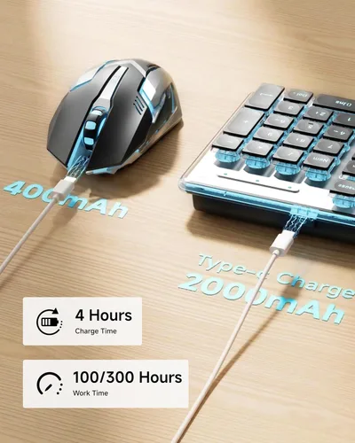Vista 6 de SEUNKWANG EWEADN V3 Combo de Teclado y Mouse Inalámbrico con Retroiluminación Azul, Panel Metálico, Teclado y Mouse de Computadora Recargable